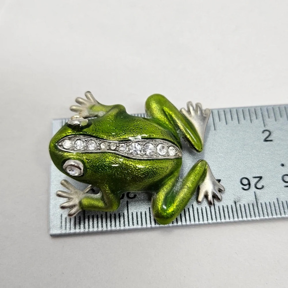 Frog Pin Brooch Green Sparkle Enamal Rhinestone Accents Sz 1.5 inches - Picture 4 of 4